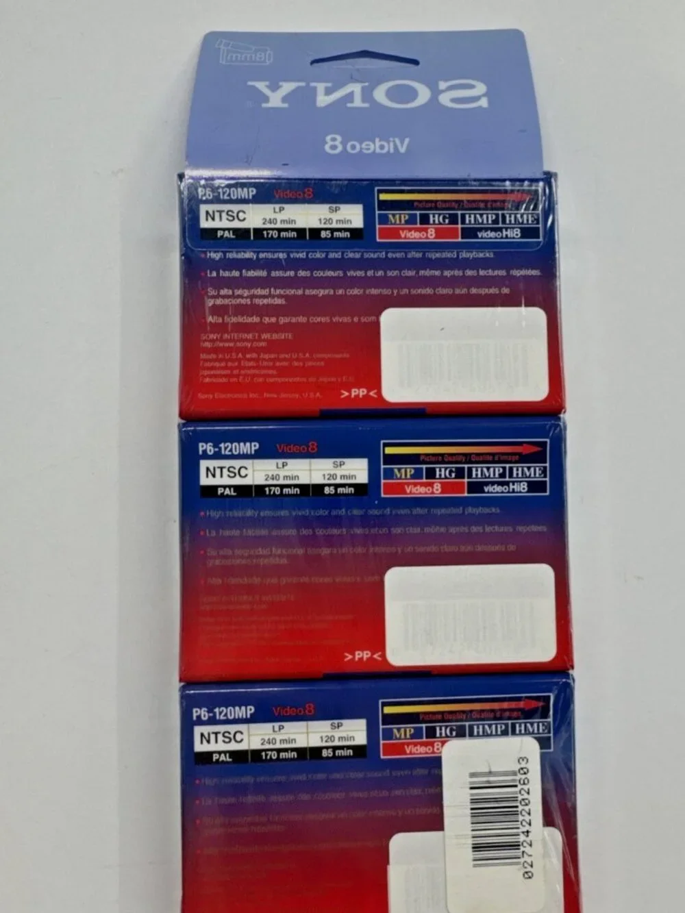 SONY Video 8 MP 120 min 8mm Standard Grade P6-120MP Tapes 3 Pack NEW SHIPS FREE